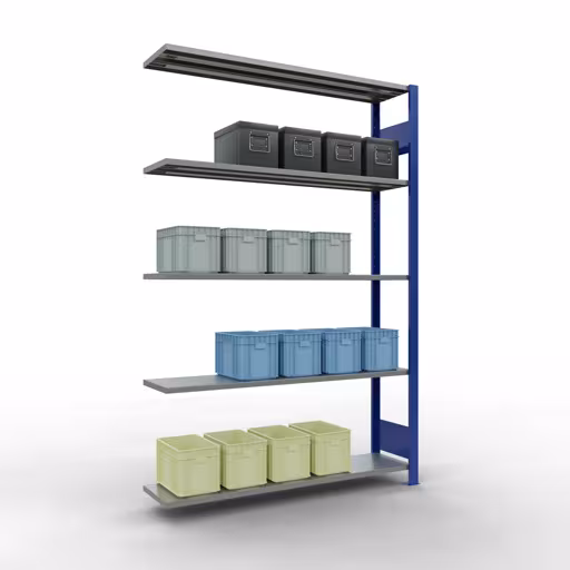 Andere Ansicht des Artikels Anbauregal, Fachbodenregal Stecksystem MULTIplus150, 2000 x 1300 x 300 mm (HxBxT), 5 Fachböden, Längenriegel, RAL 5010 enzianblau/verzinkt aus der Kategorie Anbauregal