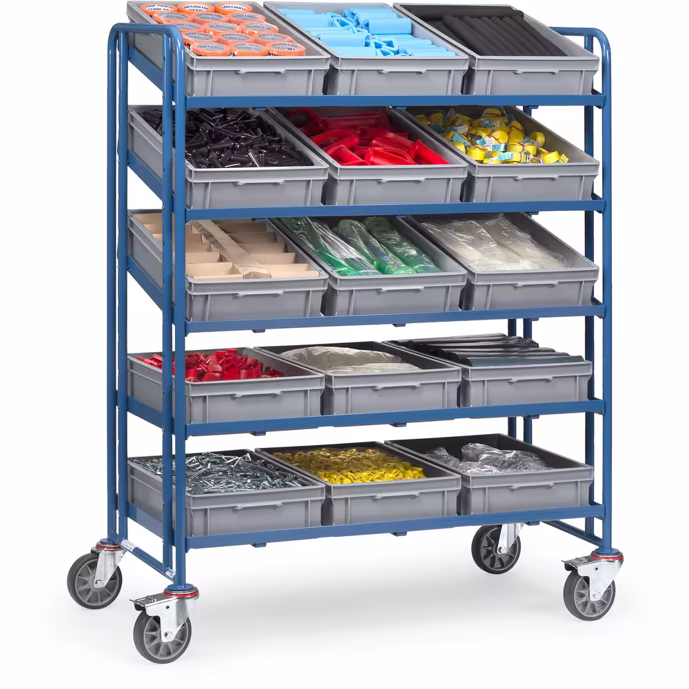 Eurokastenwagen 1399 - mit 15 Kästen Baukasten-System Stahlrohr und Profilstahl geschweißt, pulverbeschichtet blau RAL 5007, Schraubkonstruktion mit der Artikelnr. 1399 Eurokastenwagen 1399 - mit 15 Kästen Baukasten-System Stahlrohr und Profilstahl geschweißt, pulverbeschichtet blau RAL 5007, Schraubkonstruktion von Fetra aus der Kategorie Transportsysteme