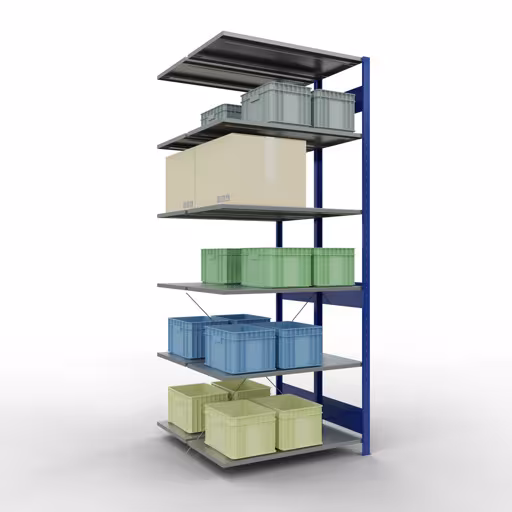 Anbauregal, Doppelregal, Fachbodenregal Stecksystem MULTIplus150, 2500 x 1000 x (2x500) mm (HxBxT), 2x6 Fachböden, Kreuzstrebe, RAL 5010 enzianblau mit der Artikelnr. 32756-B Anbauregal, Doppelregal, Fachbodenregal Stecksystem MULTIplus150, 2500 x 1000 x (2x500) mm (HxBxT), 2x6 Fachböden, Kreuzstrebe, RAL 5010 enzianblau von Schulte Lagertechnik aus der Kategorie Fachbodenregale