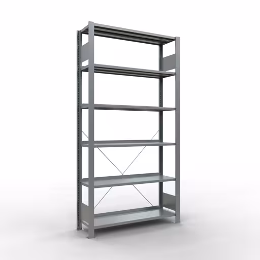 Grundregal, Büro-Fachbodenregal Stecksystem MULTIplus85, 2000 x 1000 x 300 mm (HxBxT), 6 Fachböden, Kreuzstrebe, verzinkt, mit Anschlagleiste aus der Kategorie Stecksystem mit der Artikelnummer 17707