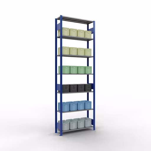 Produktbild Nr 12 des Artikels Grundregal, Fachbodenregal Stecksystem MULTIplus85, 3000 x 1000 x 300 mm (HxBxT), 7 Fachböden, Längenriegel, RAL 5010 enzianblau Abbildung Nr 12 des Artikels Grundregal, Fachbodenregal Stecksystem MULTIplus85, 3000 x 1000 x 300 mm (HxBxT), 7 Fachböden, Längenriegel, RAL 5010 enzianblau aus der Produktgruppe Stecksystem von der Marke Schulte Lagertechnik
