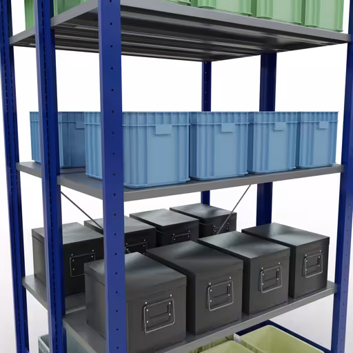 Grundregal, Doppelregal, Fachbodenregal Stecksystem MULTIplus150, 2000 x 1000 x (2x400) mm (HxBxT), 2x5 Fachböden, Kreuzstrebe, RAL 5010 enzianblau mit der GTIN 4004514293749 Grundregal, Doppelregal, Fachbodenregal Stecksystem MULTIplus150, 2000 x 1000 x (2x400) mm (HxBxT), 2x5 Fachböden, Kreuzstrebe, RAL 5010 enzianblau von Schulte Lagertechnik mit der Artikelnr. 32740-B