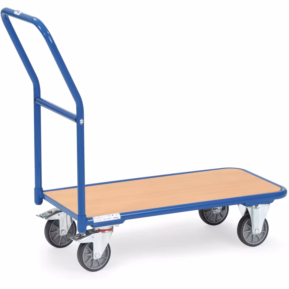 Magazinwagen 250 kg blau RAL 5007 Plattform Holzwerkstoffplatte, Oberfläche Buchendekor, 2 Lenk- und 2 Bockrollen aus der Kategorie Magazinwagen