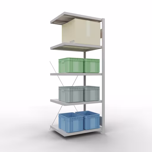 Produktbild Nr 15 des Artikels Anbauregal, Fachbodenregal Stecksystem MULTIplus250, 2000 x 750 x 600 mm (HxBxT), 5 Fachböden, Kreuzstrebe, RAL 7035 lichtgrau Abbildung Nr 15 des Artikels Anbauregal, Fachbodenregal Stecksystem MULTIplus250, 2000 x 750 x 600 mm (HxBxT), 5 Fachböden, Kreuzstrebe, RAL 7035 lichtgrau aus der Produktgruppe Stecksystem von der Marke Schulte Lagertechnik