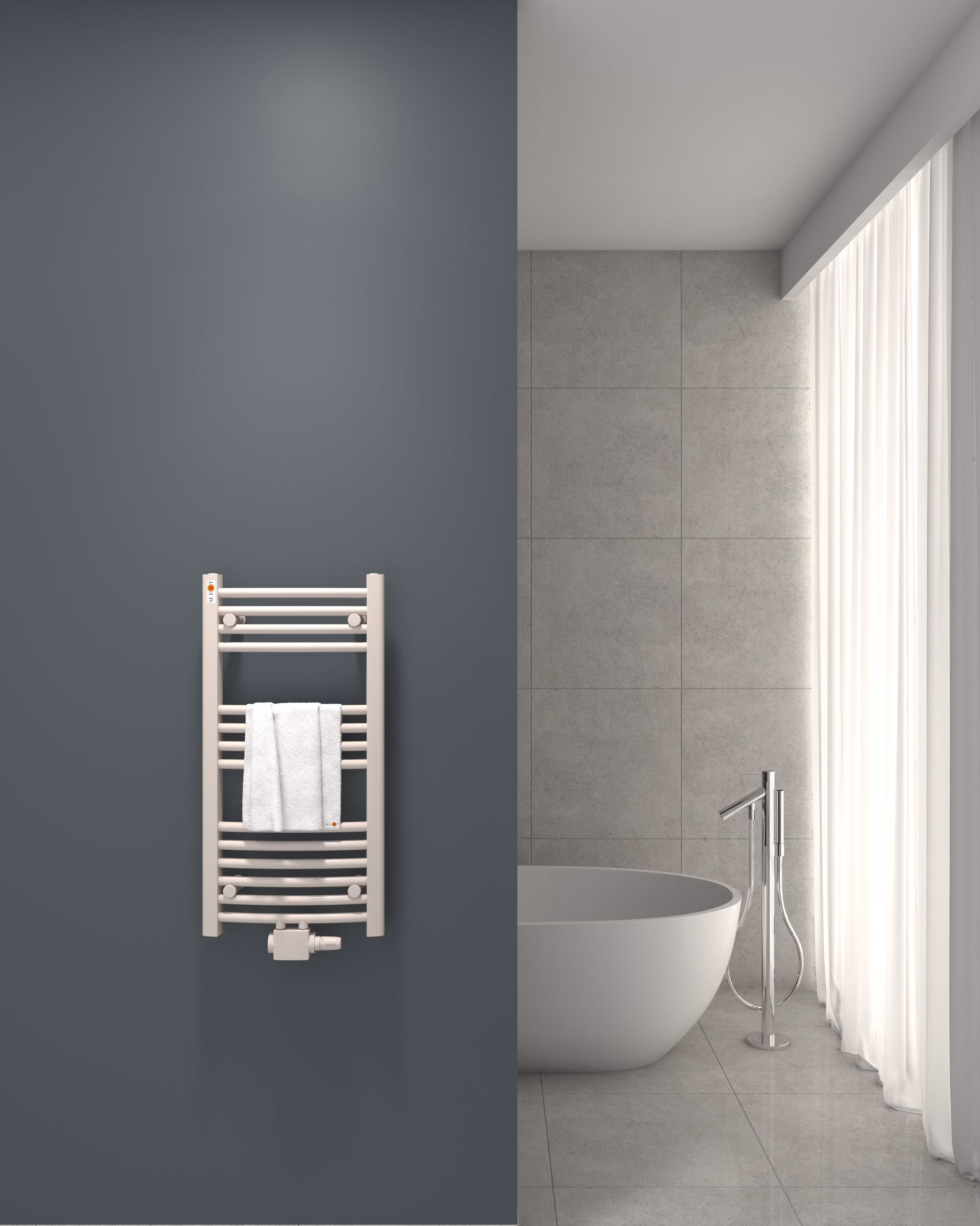 Radiatore per bagno MERT, bianco curvo, 400*800 mm, attacco centrale, marca MERT Radiatore per bagno MERT, bianco, curvo, attacco centrale, tipo: 400x800 mm, della categoria radiatori per bagno con codice articolo 2-40x080-M
