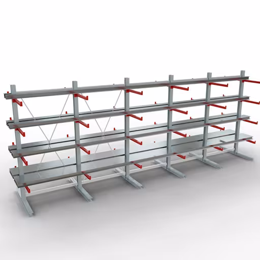 K 6000 Komplettregal, doppelseitig, 3000 x 2x 7500 x 2x 750 mm, RAL 7001 / RAL 3000, 5 Lagerebenen von der Marke Schulte Lagertechnik aus der Produktreihe Kragarmregale