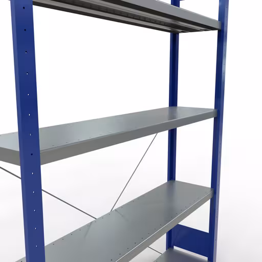 Weitere Ansicht des Artikels Grundregal, Fachbodenregal Stecksystem MULTIplus250, 2000 x 1300 x 300 mm (HxBxT), 5 Fachböden, Kreuzstrebe, RAL 5010 enzianblau/verzinkt aus der Kategorie Stecksystem