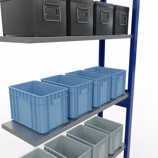 Anbauregal, Fachbodenregal Stecksystem MULTIplus150, 2500 x 1000 x 300 mm (HxBxT), 6 Fachböden, Längenriegel, RAL 5010 enzianblau/verzinkt mit der GTIN 4004514279811 Anbauregal, Fachbodenregal Stecksystem MULTIplus150, 2500 x 1000 x 300 mm (HxBxT), 6 Fachböden, Längenriegel, RAL 5010 enzianblau/verzinkt von Schulte Lagertechnik mit der Artikelnr. 12736-LR-B