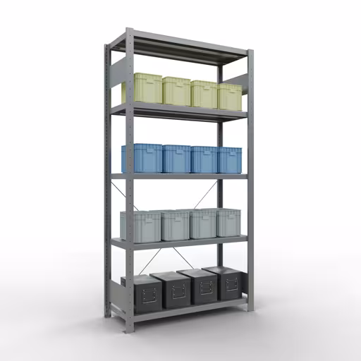 Produktbild Nr 12 des Artikels Grundregal, Fachbodenregal Stecksystem MULTIplus330, 2000 x 1000 x 400 mm (HxBxT), 5 Fachböden, Kreuzstrebe, verzinkt Abbildung Nr 12 des Artikels Grundregal, Fachbodenregal Stecksystem MULTIplus330, 2000 x 1000 x 400 mm (HxBxT), 5 Fachböden, Kreuzstrebe, verzinkt aus der Produktgruppe Stecksystem von der Marke Schulte Lagertechnik