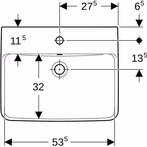Technische Zeichnung 4015613 Waschtisch Renova Plan mit Hahnloch, mit Überlauf 550 x 440 mm weiß GEBERIT