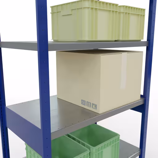 Zusatzbild des Artikels Grundregal, Fachbodenregal Stecksystem MULTIplus330, 2500 x 1000 x 600 mm (HxBxT), 6 Fachböden, Längenriegel, RAL 5010 enzianblau/verzinkt aus Grundregal