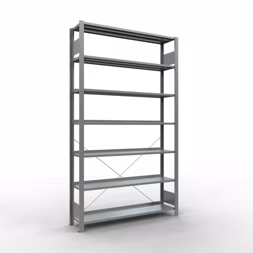 Grundregal, Büro-Fachbodenregal Stecksystem MULTIplus85, 2300 x 1300 x 300 mm (HxBxT), 7 Fachböden, Kreuzstrebe, verzinkt, mit Anschlagleiste aus der Kategorie Stecksystem mit der Artikelnummer 17714