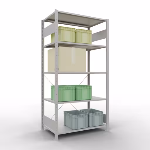 Produktbild Nr 13 des Artikels Grundregal, Fachbodenregal Stecksystem MULTIplus85, 2000 x 1000 x 600 mm (HxBxT), 5 Fachböden, Kreuzstrebe, RAL 7035 lichtgrau Abbildung Nr 13 des Artikels Grundregal, Fachbodenregal Stecksystem MULTIplus85, 2000 x 1000 x 600 mm (HxBxT), 5 Fachböden, Kreuzstrebe, RAL 7035 lichtgrau aus der Produktgruppe Stecksystem von der Marke Schulte Lagertechnik