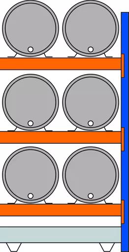 Anbauregal, Fassregal, 2500 x 1350 x 800 mm (HxBxT), blau/verzinkt/RAL 2004, 3 Ebenen für je 2 Fässer 200 l liegend; 1 Bodenwanne 1330 x 1100 mm, von der Marke Schulte Lagertechnik aus der Produktreihe Palettenregale
