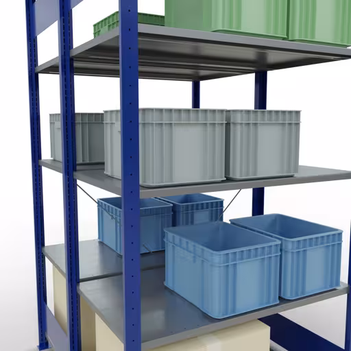 Produktbild Nr.8 des Artikels Grundregal, Doppelregal, Fachbodenregal Stecksystem MULTIplus150, 2000 x 1000 x (2x600) mm (HxBxT), 2x5 Fachböden, Kreuzstrebe, RAL 5010 enzianblau aus der Produktreihe Fachbodenregale von der Marke Schulte Lagertechnik