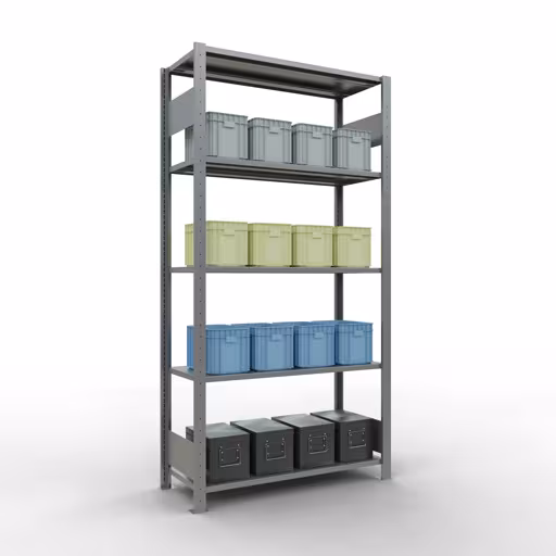 Grundregal, Fachbodenregal Stecksystem MULTIplus150, 2000 x 1000 x 400 mm (HxBxT), 5 Fachböden, Längenriegel, verzinkt mit der GTIN 4004514279958 Grundregal, Fachbodenregal Stecksystem MULTIplus150, 2000 x 1000 x 400 mm (HxBxT), 5 Fachböden, Längenriegel, verzinkt von Schulte Lagertechnik mit der Artikelnr. 12740-LR