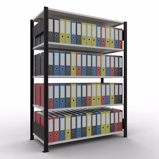 Produktbild Nr 14 des Artikels Grundregal, Büro-Fachbodenregal Stecksystem MULTIplus150, 1800 x 1300 x 600 mm (HxBxT), 5 Fachböden, Längenriegel, mit Mittelanschlag, schwarz/lichtgrau Abbildung Nr 14 des Artikels Grundregal, Büro-Fachbodenregal Stecksystem MULTIplus150, 1800 x 1300 x 600 mm (HxBxT), 5 Fachböden, Längenriegel, mit Mittelanschlag, schwarz/lichtgrau aus der Produktgruppe Büroregale von der Marke Schulte Lagertechnik