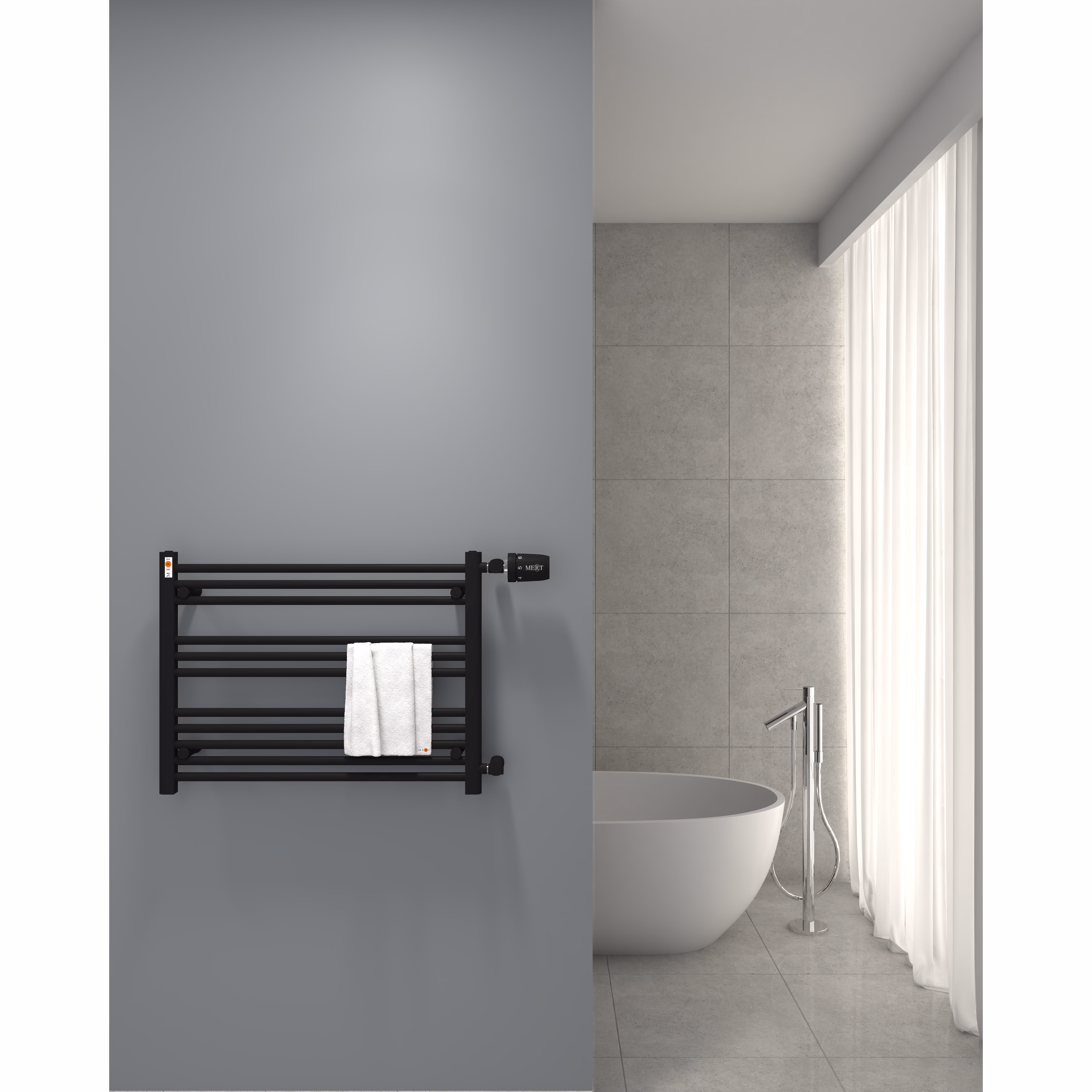 Radiateur de salle de bain de remplacement MERT, noir, 800 x 600 mm, raccordement latéral 500 mm, de la marque Mert Radiateur de salle de bain de remplacement MERT, noir, raccordement latéral droit, de la catégorie radiateurs de salle de bain à raccordement latéral, référence 1-80x060-ASR-50-BLACK