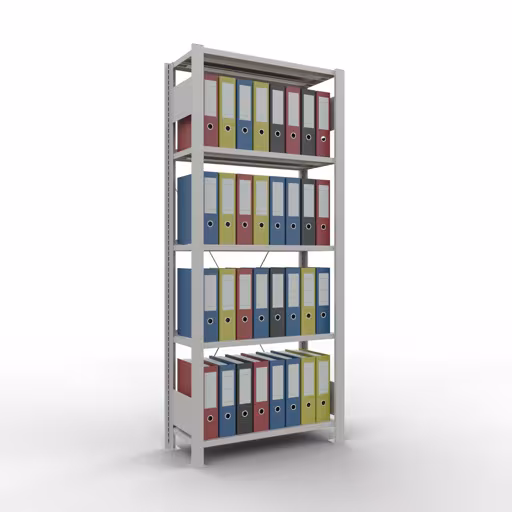 Grundregal, Büro-Fachbodenregal Stecksystem MULTIplus85, 1800 x 750 x 300 mm (HxBxT), 5 Fachböden, Kreuzstrebe, mit Anschlagleiste, lichtgrau von Schulte Lagertechnik mit der Artikelnr. 36000