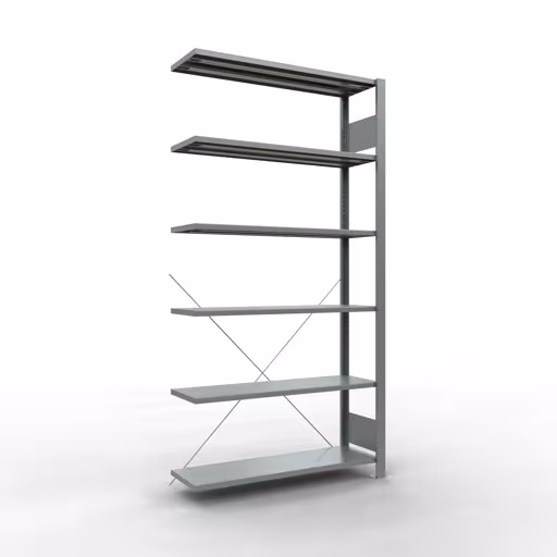 Anbauregal, Büro-Fachbodenregal Stecksystem MULTIplus85, 2000 x 1000 x 300 mm (HxBxT), 6 Fachböden, Kreuzstrebe, verzinkt, ohne Anschlagleiste aus der Kategorie Stecksystem mit der Artikelnummer 17728