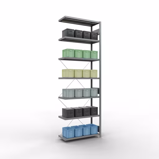 Abbildung Nr 12 des Artikels Anbauregal, Fachbodenregal Stecksystem MULTIplus330, 3000 x 1000 x 400 mm (HxBxT), 7 Fachböden, Kreuzstrebe, verzinkt aus der Produktgruppe Stecksystem von der Marke Schulte Lagertechnik