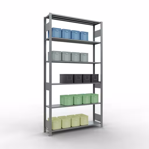 Grundregal, Fachbodenregal Stecksystem MULTIplus150, 2500 x 1300 x 300 mm (HxBxT), 6 Fachböden, Längenriegel, verzinkt mit der GTIN 4004514279507 Grundregal, Fachbodenregal Stecksystem MULTIplus150, 2500 x 1300 x 300 mm (HxBxT), 6 Fachböden, Längenriegel, verzinkt von Schulte Lagertechnik mit der Artikelnr. 12731-130-LR