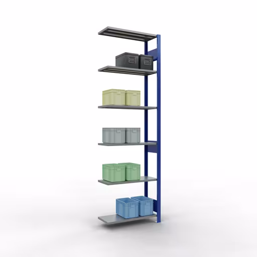 Anbauregal, Fachbodenregal Stecksystem MULTIplus150, 2500 x 750 x 300 mm (HxBxT), 6 Fachböden, Längenriegel, RAL 5010 enzianblau/verzinkt/verzinkt von der Marke Schulte Lagertechnik aus der Produktreihe Stecksystem