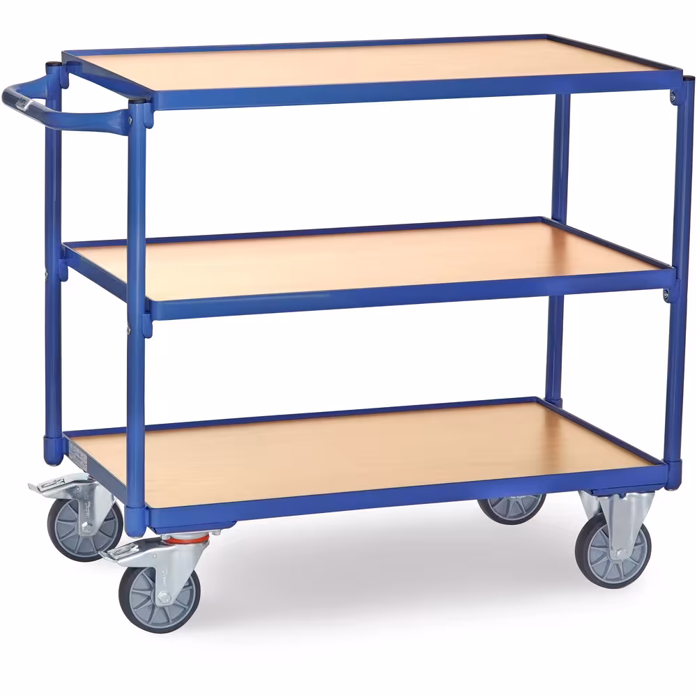 Tischwagen 2950 Breite 500 mm, Länge 850 mm von der Marke Fetra Tischwagen 300 kg 3 Etagen aus Stahlrohr und Profilstahl geschweißt, pulverbeschichtet brillantblau RAL 5007, Schraubkonstruktion Typ Ladeflächenbreite: 500 mm aus der Kategorie Tischwagen mit der Artikelnr. 2950