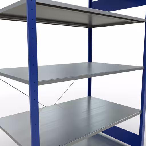 Zusatzbild des Artikels Grundregal, Fachbodenregal Stecksystem MULTIplus150, 2000 x 1300 x 800 mm (HxBxT), 5 Fachböden, Kreuzstrebe, RAL 5010 enzianblau/verzinkt aus Grundregal