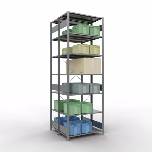 Produktbild Nr 10 des Artikels Grundregal, Doppelregal, Fachbodenregal Stecksystem MULTIplus150, 3000 x 1000 x (2x1000) mm (HxBxT), 2x7 Fachböden, Kreuzstrebe, verzinkt Abbildung Nr 10 des Artikels Grundregal, Doppelregal, Fachbodenregal Stecksystem MULTIplus150, 3000 x 1000 x (2x1000) mm (HxBxT), 2x7 Fachböden, Kreuzstrebe, verzinkt aus der Produktgruppe Fachbodenregale von der Marke Schulte Lagertechnik