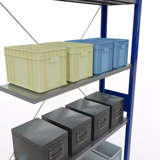 Abbildung Nr 13 des Artikels Anbauregal, Fachbodenregal Stecksystem MULTIplus85, 3000 x 1000 x 300 mm (HxBxT), 7 Fachböden, Kreuzstrebe, RAL 5010 enzianblau aus der Produktgruppe Stecksystem von der Marke Schulte Lagertechnik