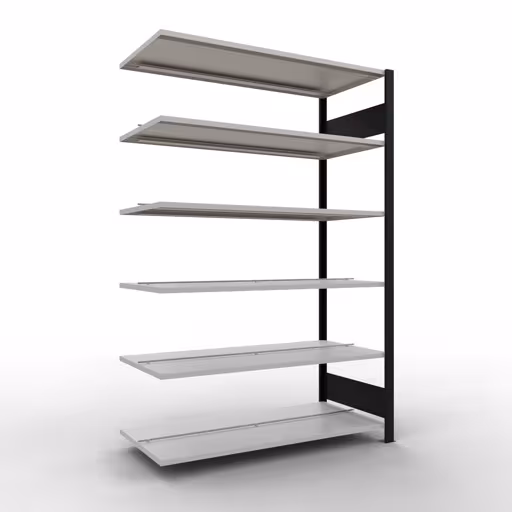 Anbauregal, Büro-Fachbodenregal Stecksystem MULTIplus150, 2000 x 1300 x 600 mm (HxBxT), 6 Fachböden, Längenriegel, mit Mittelanschlag, schwarz/lichtgrau aus der Kategorie Stecksystem mit der Artikelnummer 36047-S