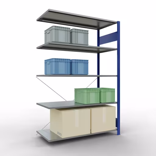 Anbauregal, Fachbodenregal Stecksystem MULTIplus150, 2000 x 1300 x 600 mm (HxBxT), 5 Fachböden, Kreuzstrebe, RAL 5010 enzianblau/verzinkt aus der Kategorie Anbauregal mit der GTIN 4004514243218 Anbauregal, Fachbodenregal Stecksystem MULTIplus150, 2000 x 1300 x 600 mm (HxBxT), 5 Fachböden, Kreuzstrebe, RAL 5010 enzianblau/verzinkt von der Marke Schulte Lagertechnik aus der Produktreihe Stecksystem