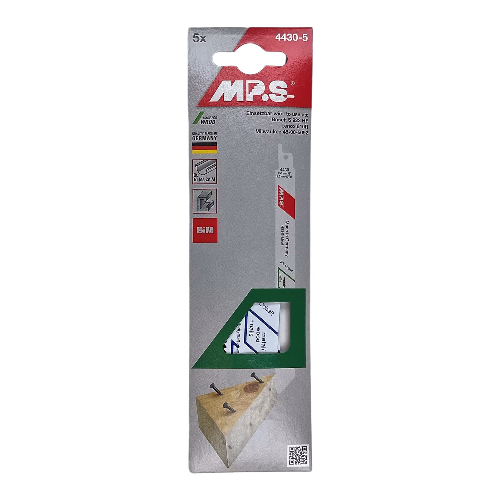 Lama per sega alternativa bimetallica MPS per legno, versione antichiodo: 150 mm con GTIN 4028655044305 Lama per sega universale bimetallica fresata e impostata, lunghezza totale 150/lunghezza dentata 130 mm, passo dei denti 2,5 mm di MPS con articolo n. 4430-5