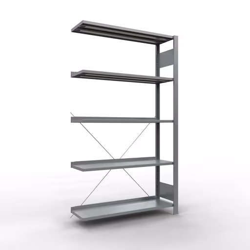 Anbauregal, Büro-Fachbodenregal Stecksystem MULTIplus85, 1800 x 1000 x 300 mm (HxBxT), 5 Fachböden, Kreuzstrebe, verzinkt, mit Anschlagleiste aus der Kategorie Stecksystem mit der Artikelnummer 17704