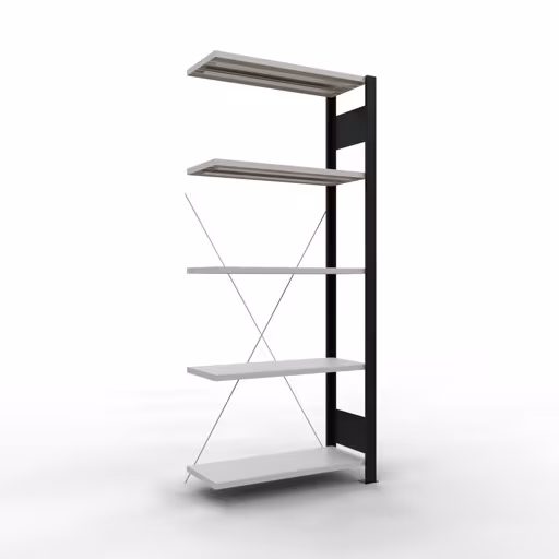 Anbauregal, Büro-Fachbodenregal Stecksystem MULTIplus85, 1800 x 750 x 300 mm (HxBxT), 5 Fachböden, Kreuzstrebe, ohne Anschlagleiste, schwarz/lichtgrau aus der Kategorie Stecksystem mit der Artikelnummer 36021-S