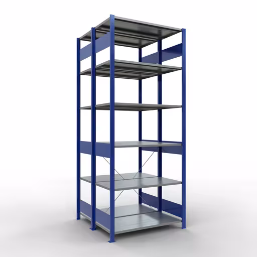 Grundregal, Doppelregal, Fachbodenregal Stecksystem MULTIplus150, 2500 x 1000 x (2x500) mm (HxBxT), 2x6 Fachböden, Kreuzstrebe, RAL 5010 enzianblau von der Marke Schulte Lagertechnik Grundregal, Doppelregal, Fachbodenregal Stecksystem MULTIplus150, 2500 x 1000 x (2x500) mm (HxBxT), 2x6 Fachböden, Kreuzstrebe, RAL 5010 enzianblau aus der Kategorie Doppelregale mit der Artikelnummer 32751-B