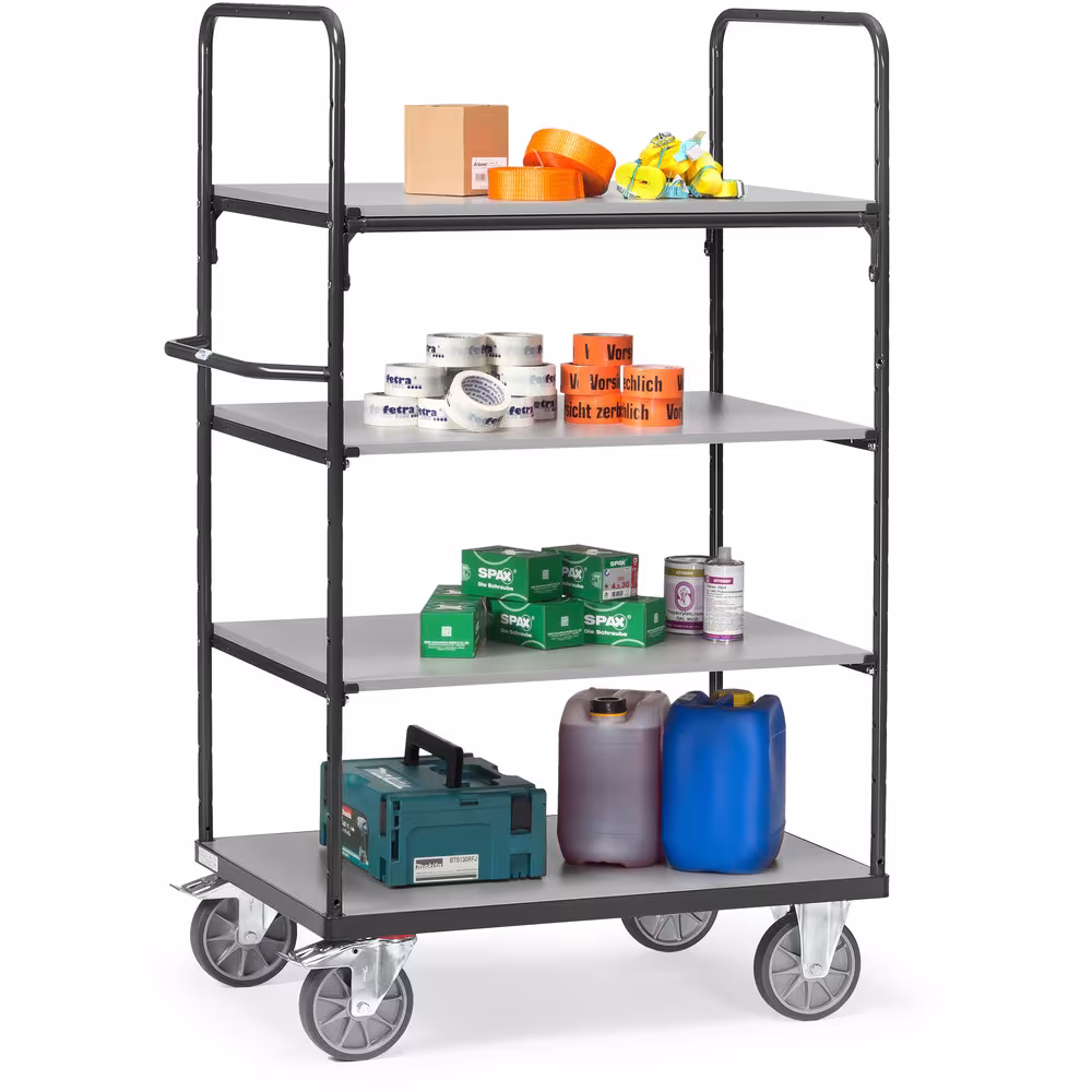 Etagenwagen 4 Etagen 7016 sus Stahlrohr und Profilstahl geschweißt, pulverbeschichtet anthrazitgrau RAL 7016, Schraubkonstruktion. Stirnwände offen Ausführung Ladeflächenlänge: 1000 mm mit der GTIN 4017976383019 Etagenwagen 8301-7016 Länge 1000 mm, Breite 600 mm von Fetra mit der Artikelnr. 8301-7016