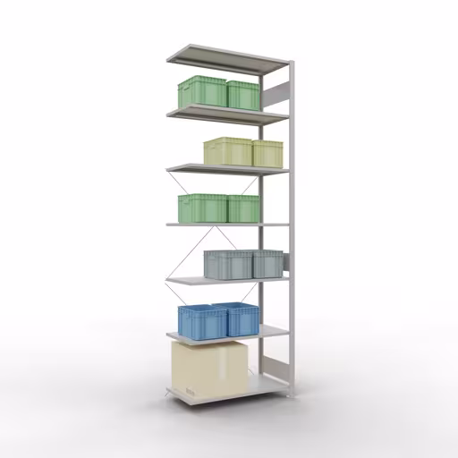 Anbauregal, Fachbodenregal Stecksystem MULTIplus150, 3000 x 1000 x 500 mm (HxBxT), 7 Fachböden, Kreuzstrebe, RAL 7035 lichtgrau von der Marke Schulte Lagertechnik aus der Produktreihe Stecksystem