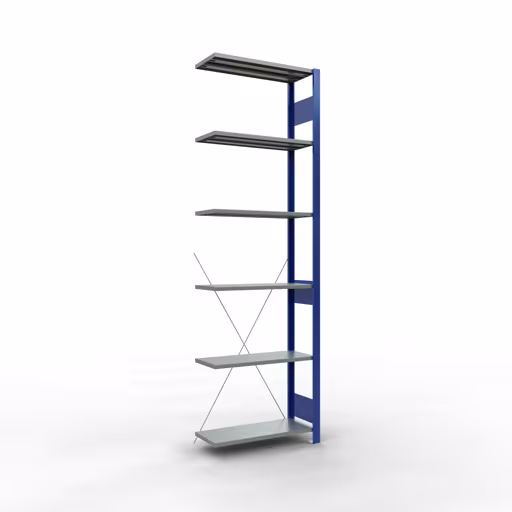 Anbauregal, Fachbodenregal Stecksystem MULTIplus150, 2500 x 750 x 300 mm (HxBxT), 6 Fachböden, Kreuzstrebe, RAL 5010 enzianblau/verzinkt/verzinkt von Schulte Lagertechnik mit der Artikelnr. 12736-75-B