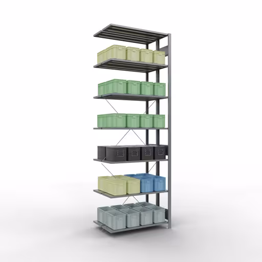 Abbildung Nr 10 des Artikels Anbauregal, Doppelregal, Fachbodenregal Stecksystem MULTIplus150, 3000 x 1000 x (2x600) mm (HxBxT), 2x7 Fachböden, Kreuzstrebe, verzinkt aus der Produktgruppe Fachbodenregale von der Marke Schulte Lagertechnik
