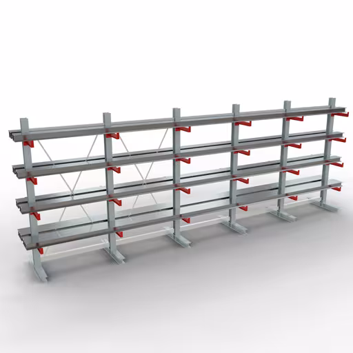 Abbildung Nr 10 des Artikels K 3000 Komplettregal, doppelseitig, 2500 x 6500 x 400 mm, RAL 7001 / RAL 3000, 5 Lagerebenen aus der Produktgruppe Kragarmregale von der Marke Schulte Lagertechnik