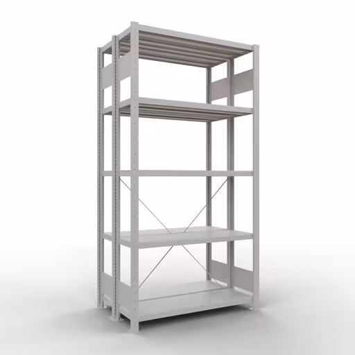 Grundregal, Doppelregal, Fachbodenregal Stecksystem MULTIplus250, 2000 x 1000 x (2x300) mm (HxBxT), 2x5 Fachböden, Kreuzstrebe, RAL 7035 lichtgrau aus der Kategorie Doppelregale mit der Artikelnummer 32130-G