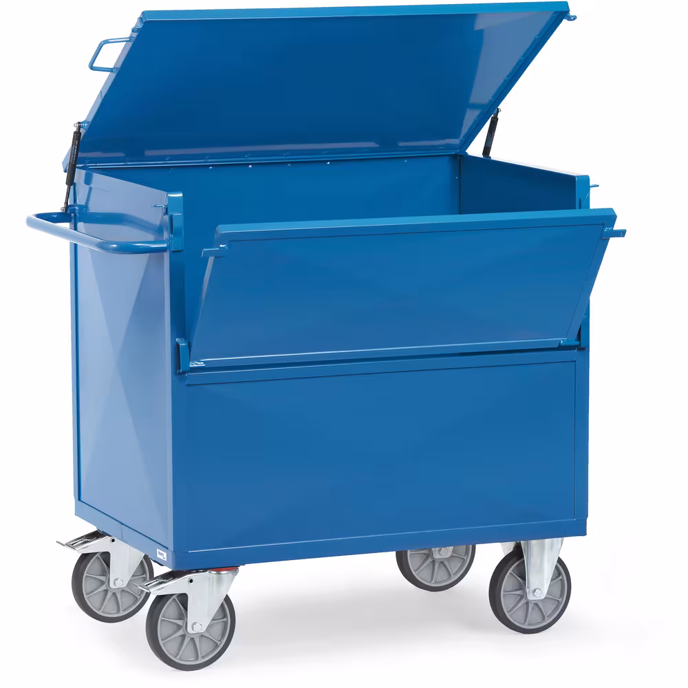 Stahlblechkastenwagen Deckel pulverbeschichtet blau RAL 5007, Boden aus Stahlblech, pulverbeschichtet, Winkelstahl-Konstruktion von Fetra Stahlblechkastenwagen Deckel pulverbeschichtet blau RAL 5007, Boden aus Stahlblech, pulverbeschichtet, Winkelstahl-Konstruktion aus der Kategorie Wagen