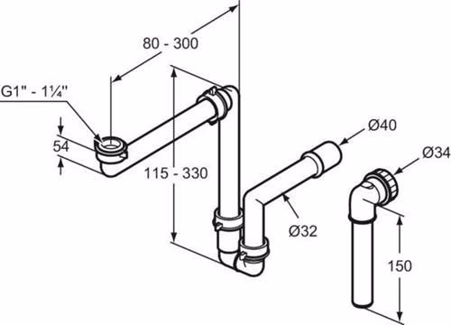 Technische Zeichnung 4081367 Raumsparsiphon für Möbel IDEAL STANDARD