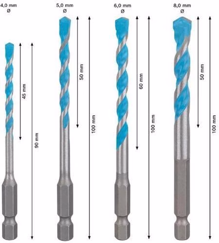 Bohrer-Set EXPERT HEX-9 Multi Construction 4-teilig Arbeitslänge 45/50/60/50 mm Durchmesser 4/5/6/8 mm