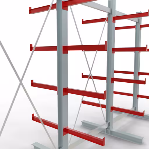 Abbildung Nr 12 des Artikels K 3000 Komplettregal, doppelseitig, 2500 x 3900 x 600 mm, RAL 7001 / RAL 3000, 5 Lagerebenen aus der Produktgruppe Kragarmregale von der Marke Schulte Lagertechnik