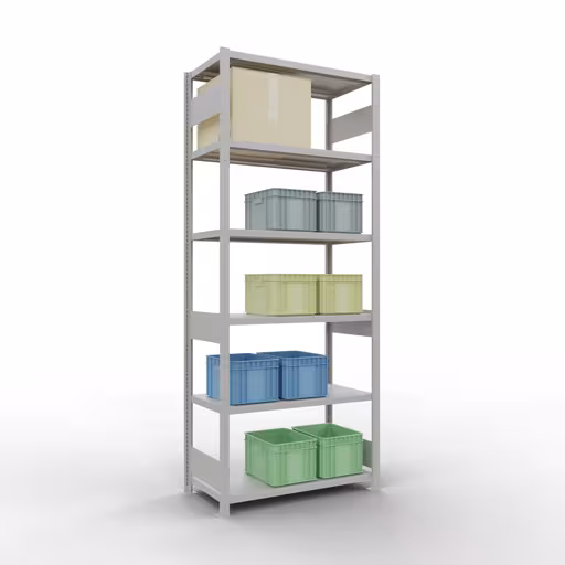 Grundregal, Fachbodenregal Stecksystem MULTIplus330, 2500 x 1000 x 500 mm (HxBxT), 6 Fachböden, Längenriegel, RAL 7035 lichtgrau aus der Kategorie Grundregal mit der GTIN 4004514296597 Grundregal, Fachbodenregal Stecksystem MULTIplus330, 2500 x 1000 x 500 mm (HxBxT), 6 Fachböden, Längenriegel, RAL 7035 lichtgrau von der Marke Schulte Lagertechnik aus der Produktreihe Stecksystem