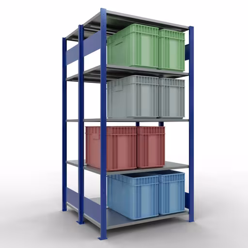 Grundregal, Doppelregal, Fachbodenregal Stecksystem MULTIplus150, 2000 x 1000 x (2x500) mm (HxBxT), 2x5 Fachböden, Längenriegel, RAL 5010 enzianblau aus der Kategorie Doppelregale mit der GTIN 4004514296122 Grundregal, Doppelregal, Fachbodenregal Stecksystem MULTIplus150, 2000 x 1000 x (2x500) mm (HxBxT), 2x5 Fachböden, Längenriegel, RAL 5010 enzianblau von der Marke Schulte Lagertechnik aus der Produktreihe Fachbodenregale