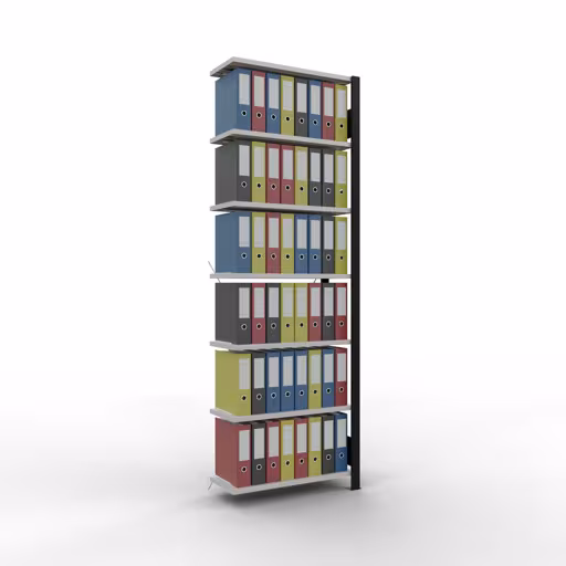 Anbauregal, Büro-Fachbodenregal Stecksystem MULTIplus85, 2300 x 750 x 300 mm (HxBxT), 7 Fachböden, Kreuzstrebe, ohne Anschlagleiste, schwarz/lichtgrau von der Marke Schulte Lagertechnik aus der Produktreihe Büroregale